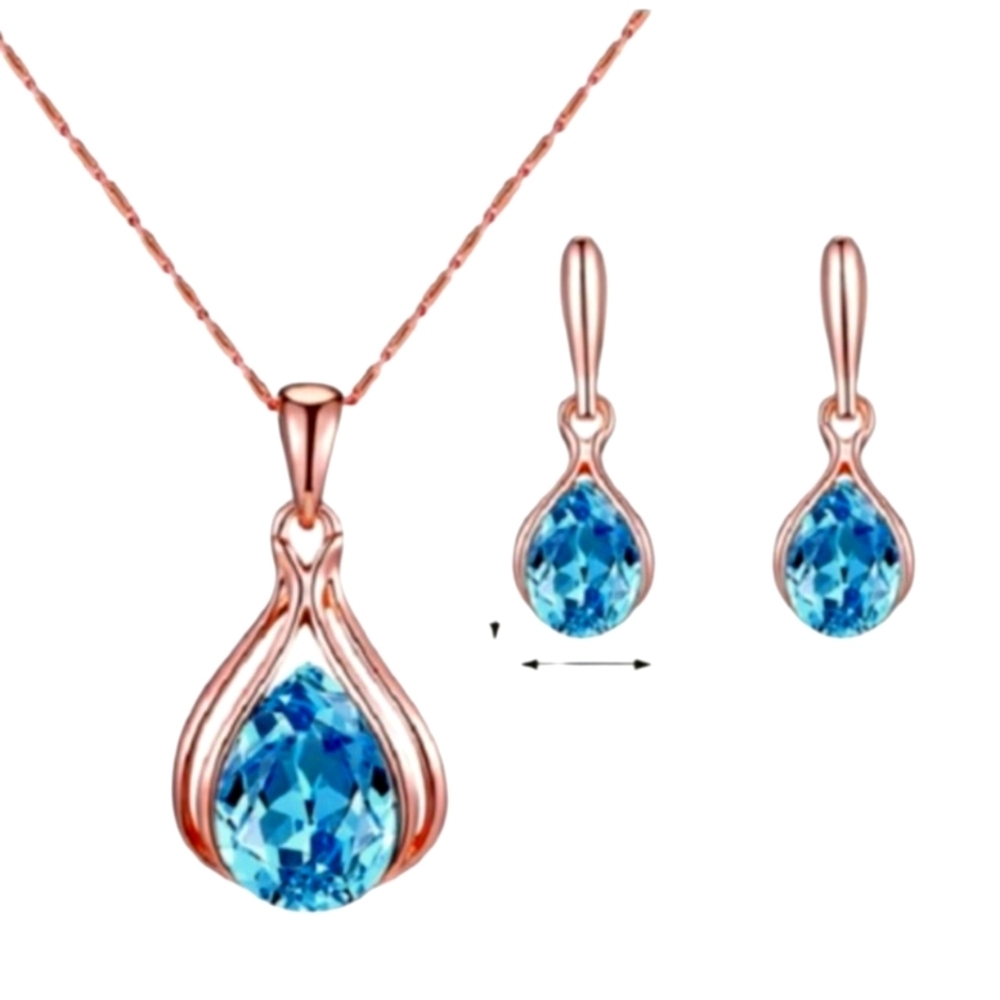 Ocean Blue Rose Gold Necklace & Earring Set Exquisite Unique Elegant Rare